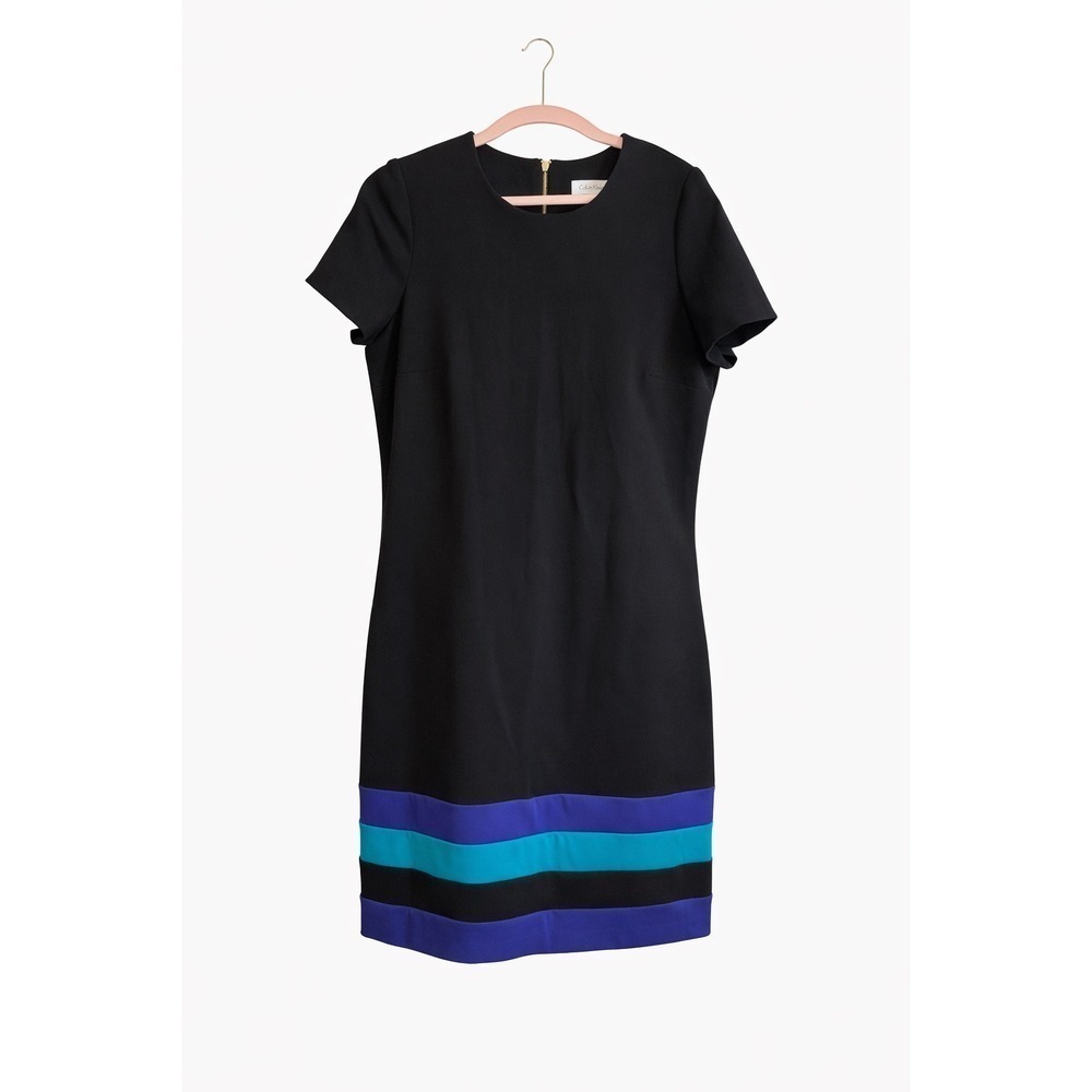 Calvin Klein Dress Size 12 Black Colorblock Blue Career Work Sheath Gold Zip